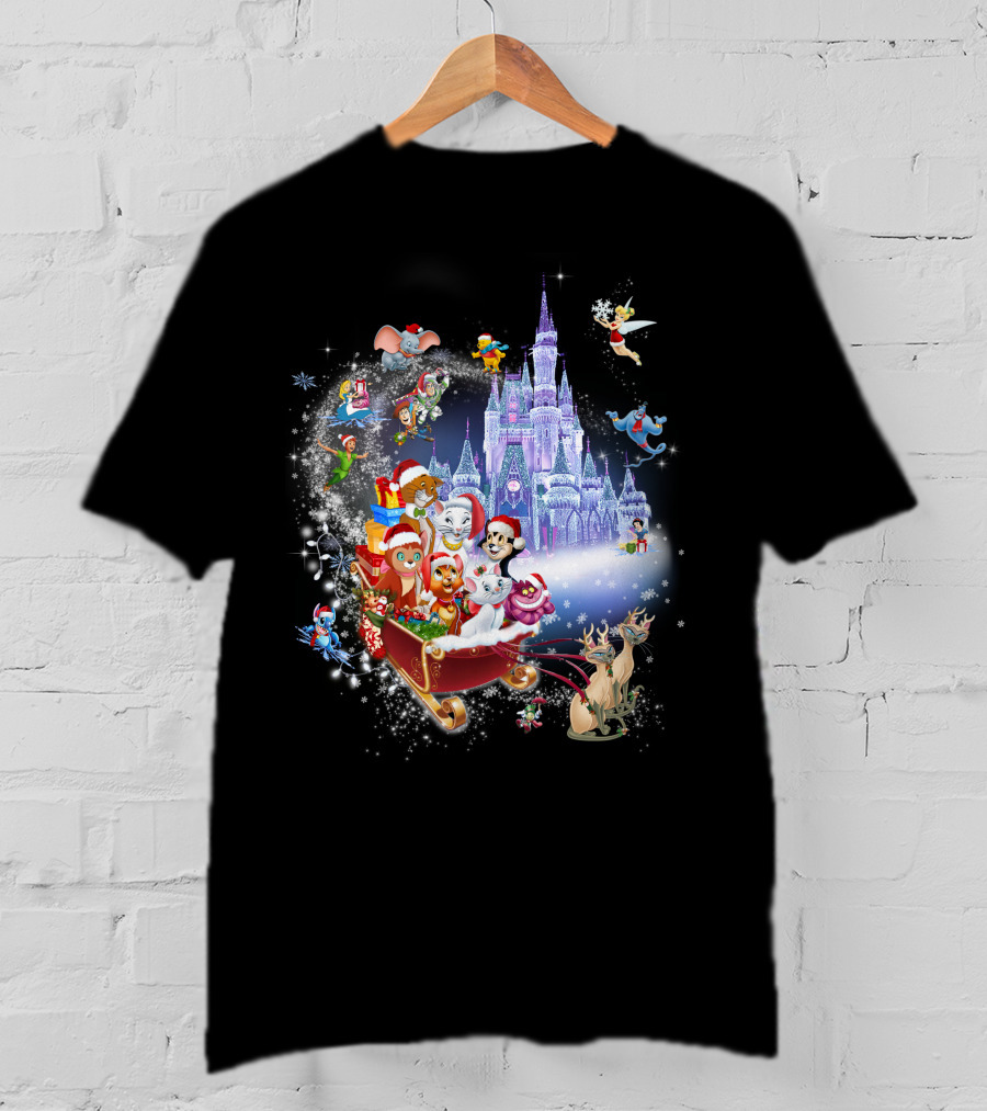 Disney Cats Christmas Castle Sleigh With Santa Hats And Tinker Bell T-Shirt