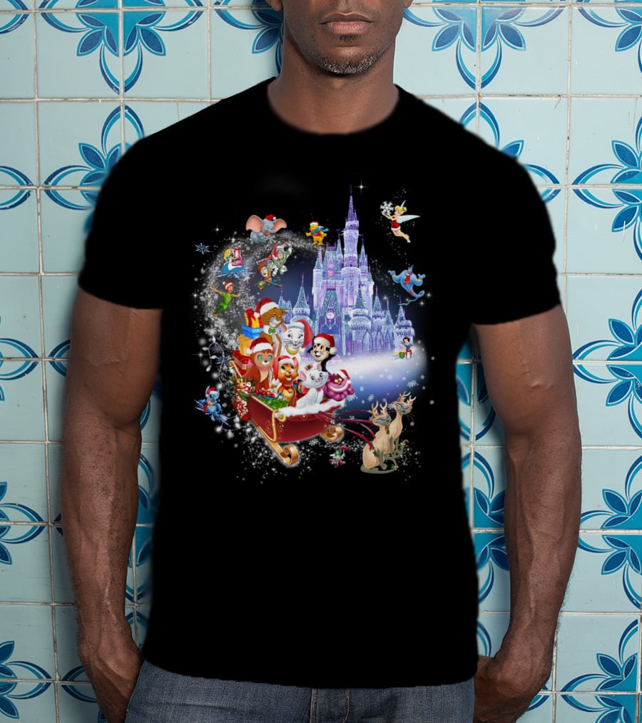 Disney Cats Christmas Castle Sleigh With Santa Hats And Tinker Bell T-Shirt
