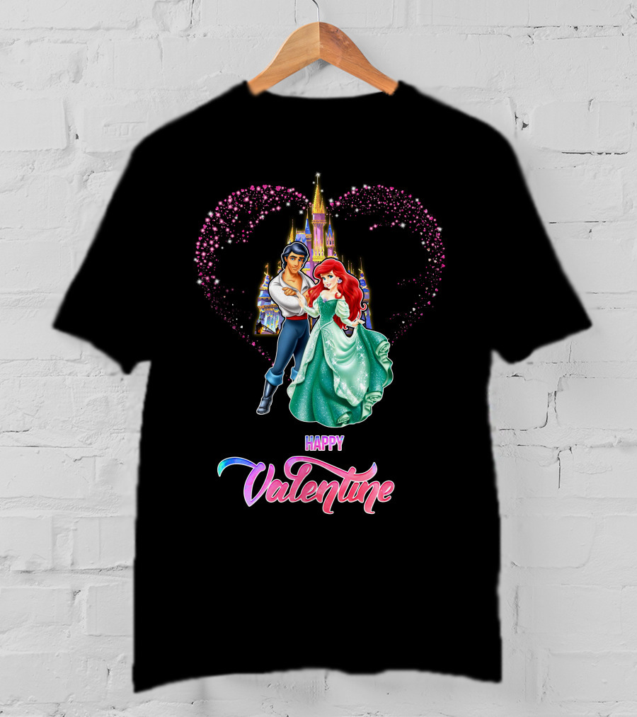 Happy Valentine Ariel Disney Princess Castle Hearts T-Shirt