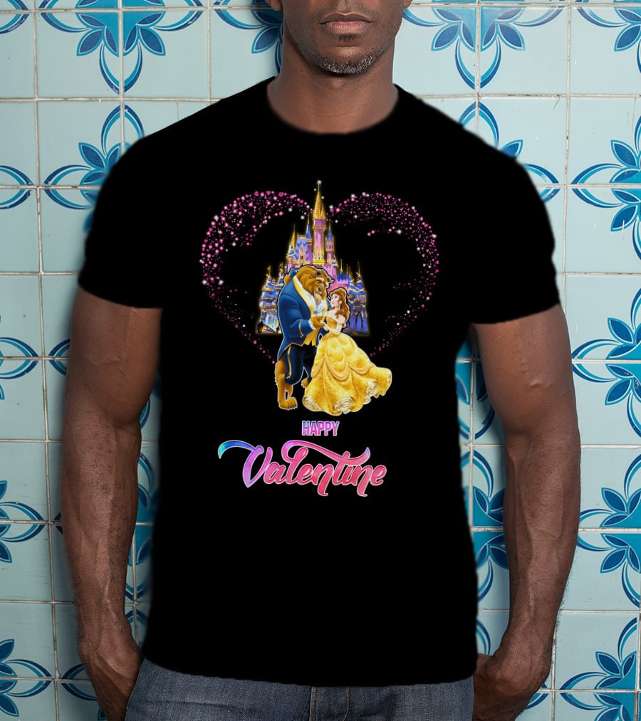 Happy Valentine Beauty And The Beast Castle Hearts T-Shirt