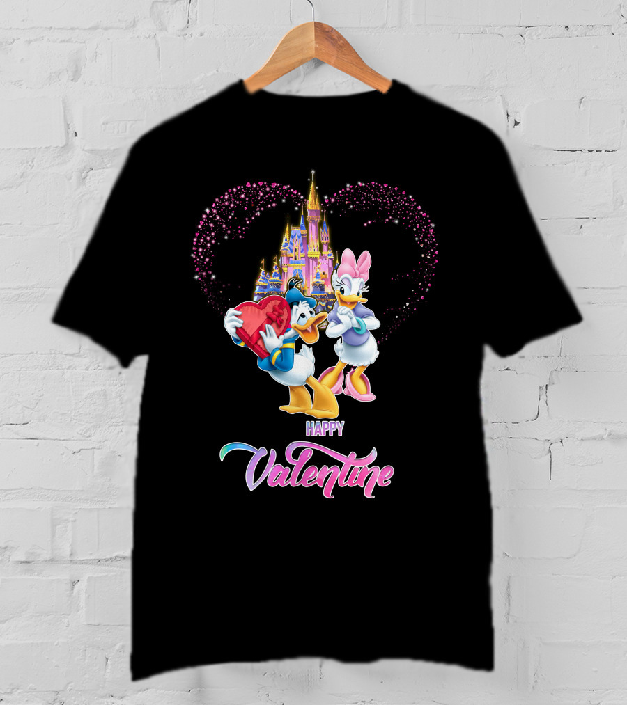Happy Valentine Donald And Daisy With Castle Heart Background T-Shirt