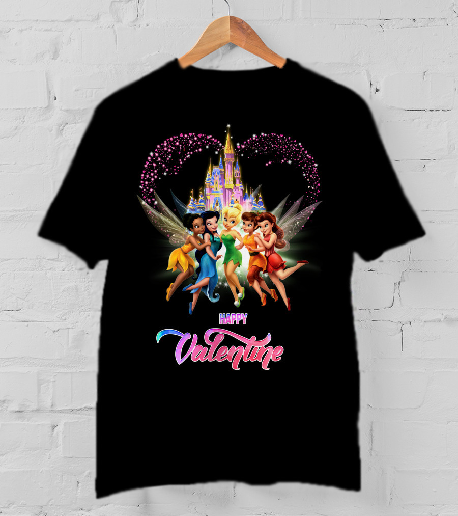 Happy Valentine Tinkerbell And Friends With Castle And Heart Magic T-Shirt