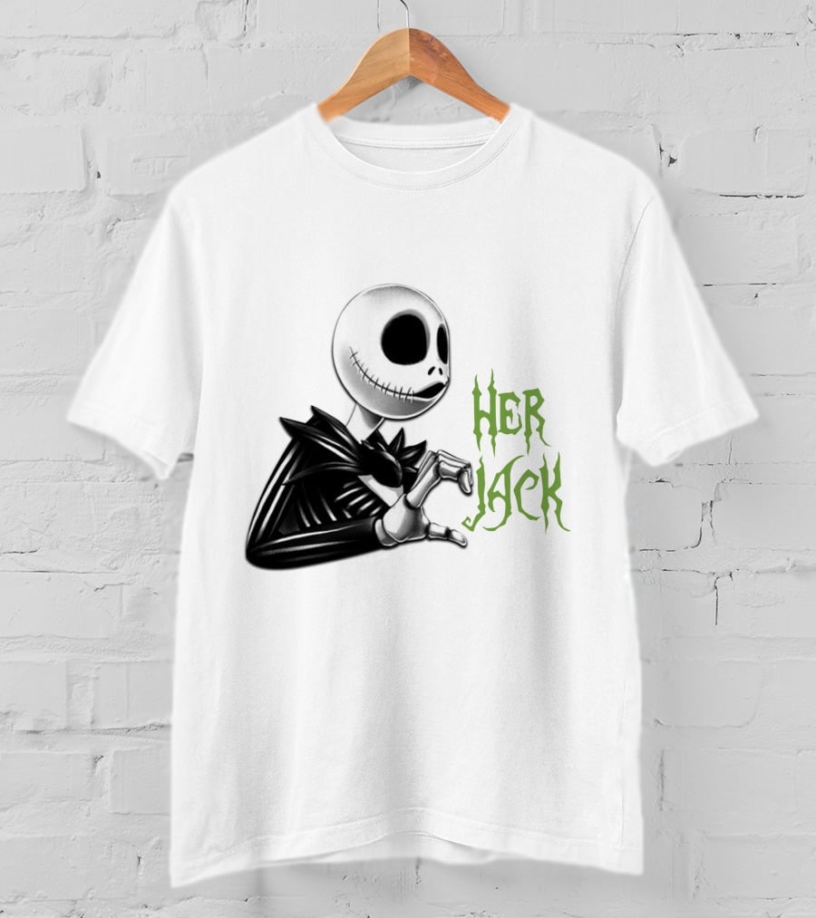 Her Jack Skeleton Character Sketch Black And White Green Lettering T-Shirt