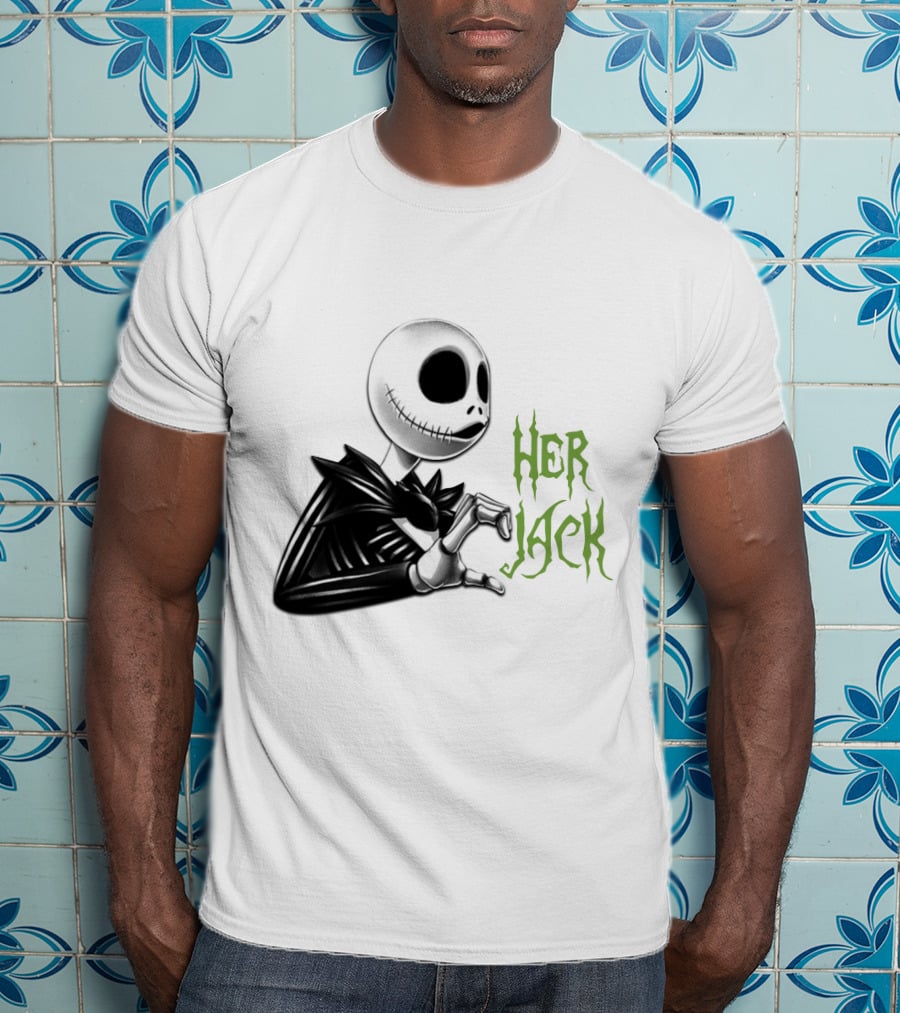 Her Jack Skeleton Character Sketch Black And White Green Lettering T-Shirt