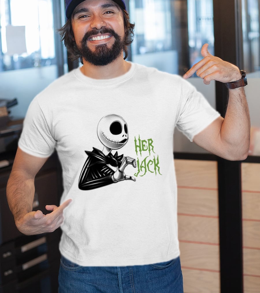 Her Jack Skeleton Character Sketch Black And White Green Lettering T-Shirt