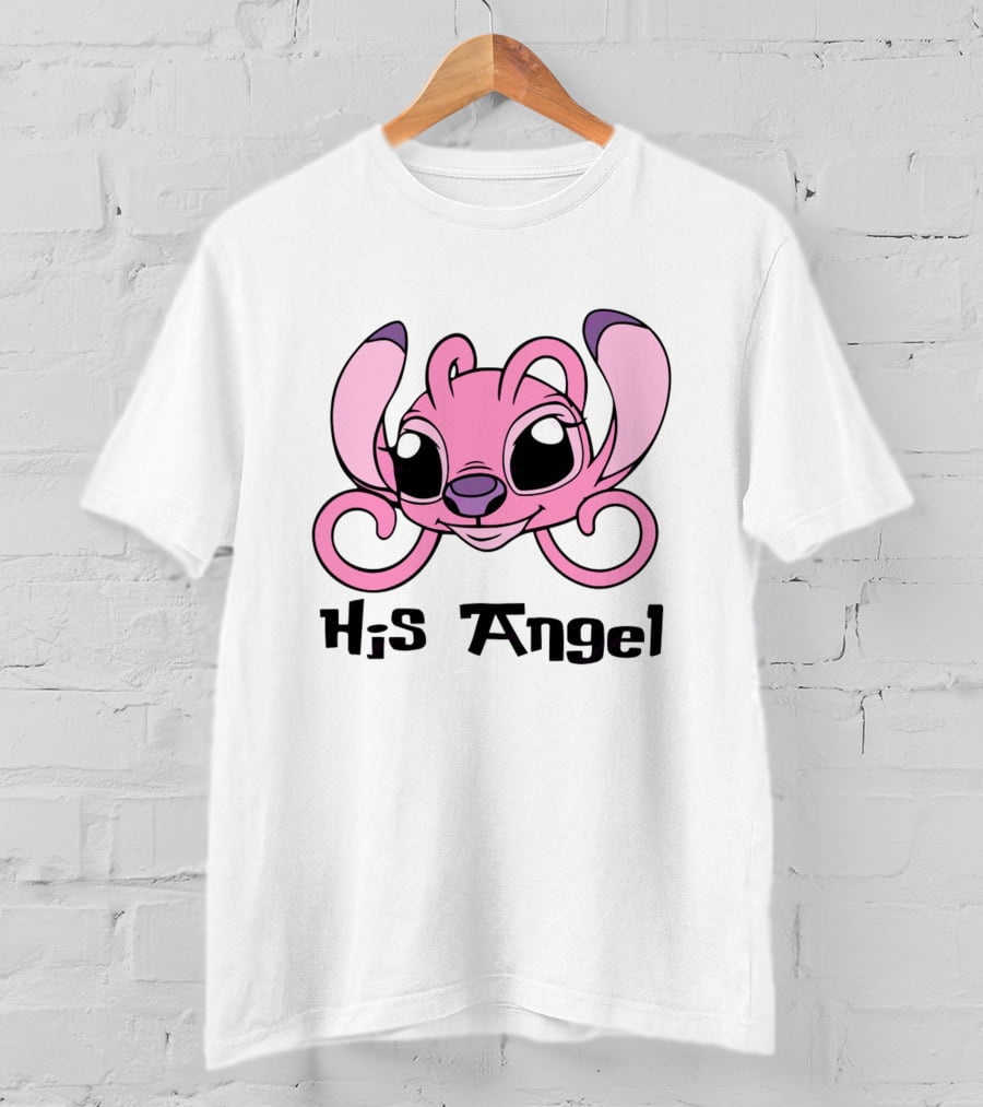 Stitch His Angel Pink Character Featuring Large Ears And Whimsical T-Shirt