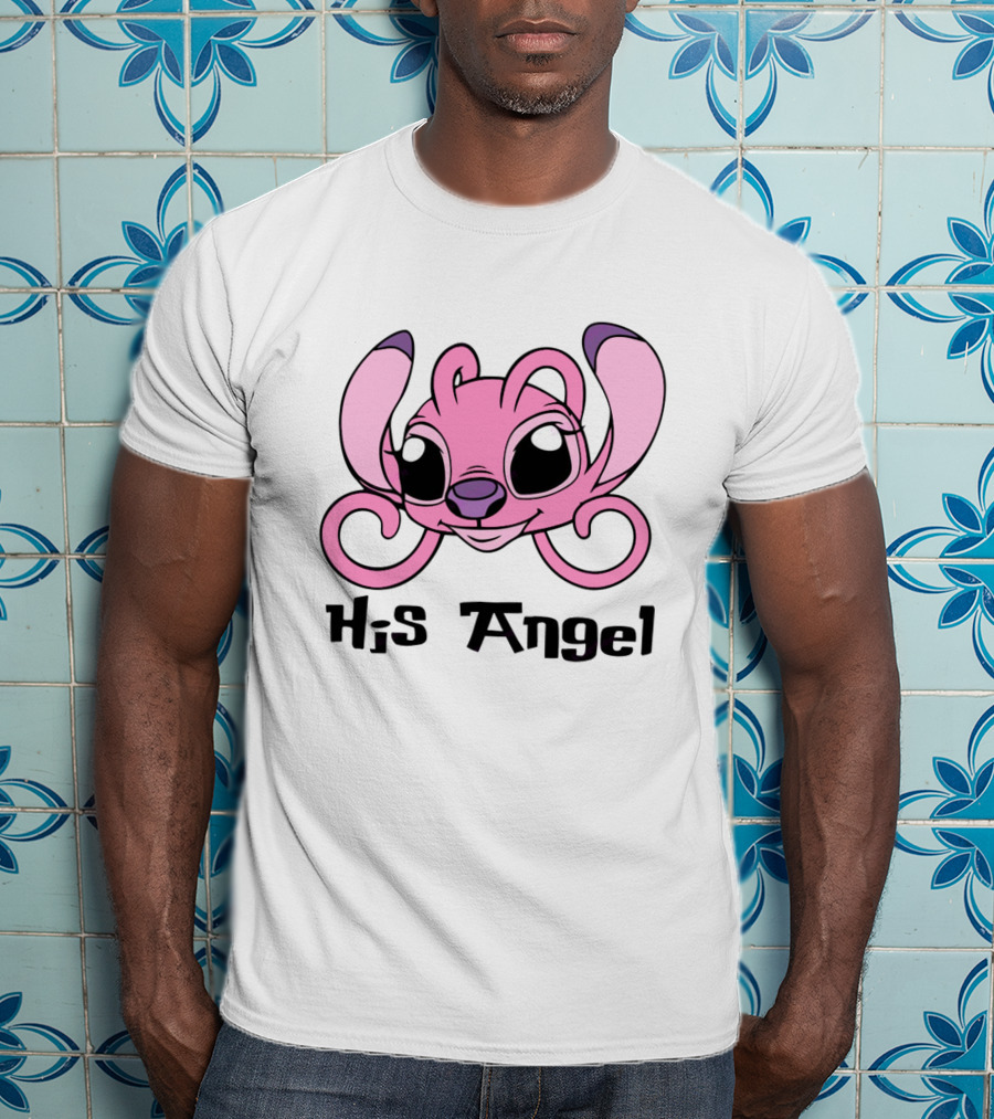 Stitch His Angel Pink Character Featuring Large Ears And Whimsical T-Shirt