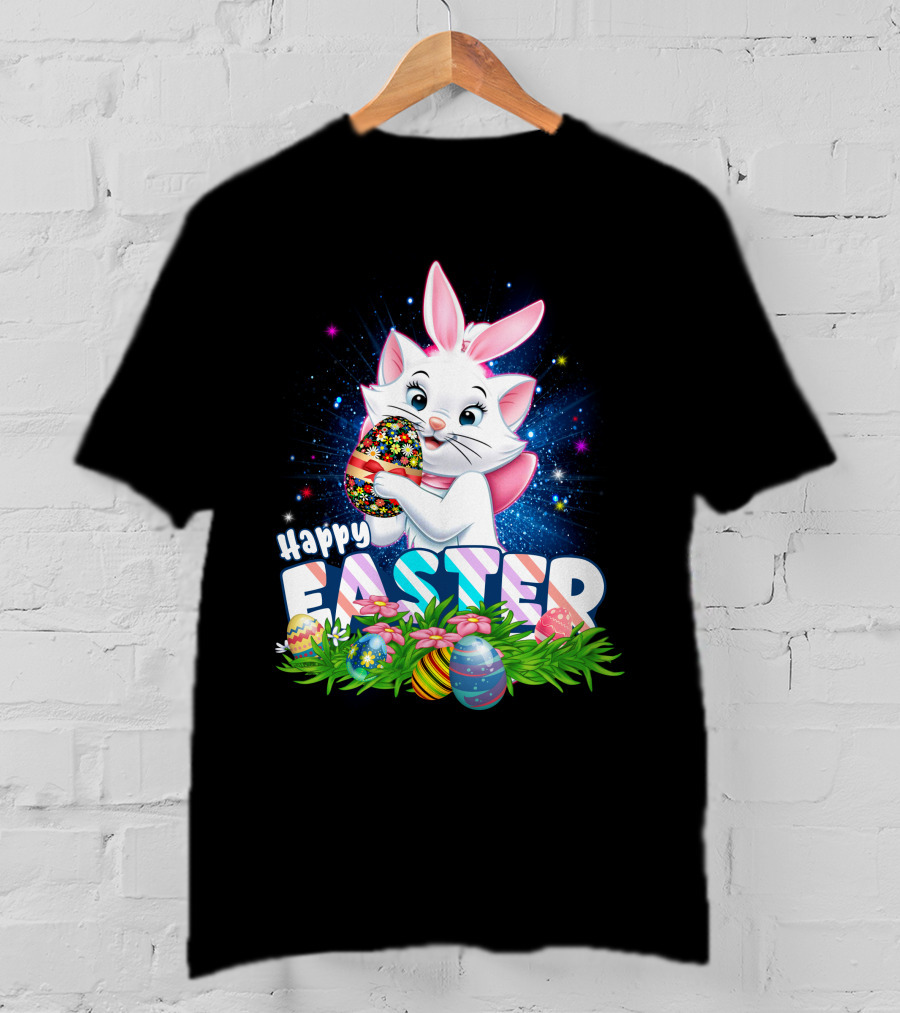 Happy Easter Marie Cat With Colorful Easter Eggs And Flowers T-Shirt