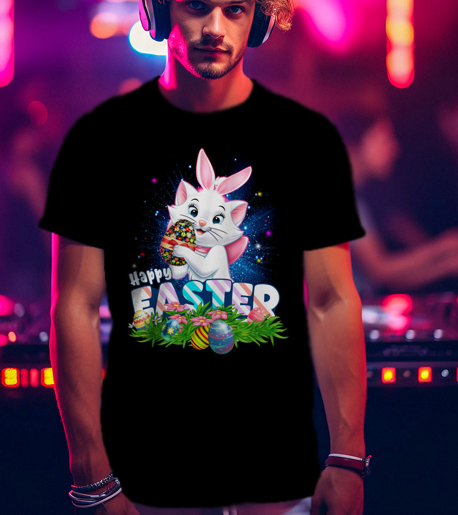 Happy Easter Marie Cat With Colorful Easter Eggs And Flowers T-Shirt