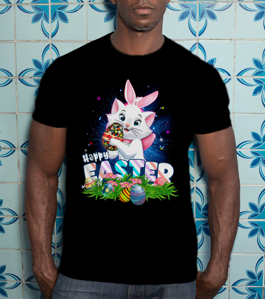 Happy Easter Marie Cat With Colorful Easter Eggs And Flowers T-Shirt