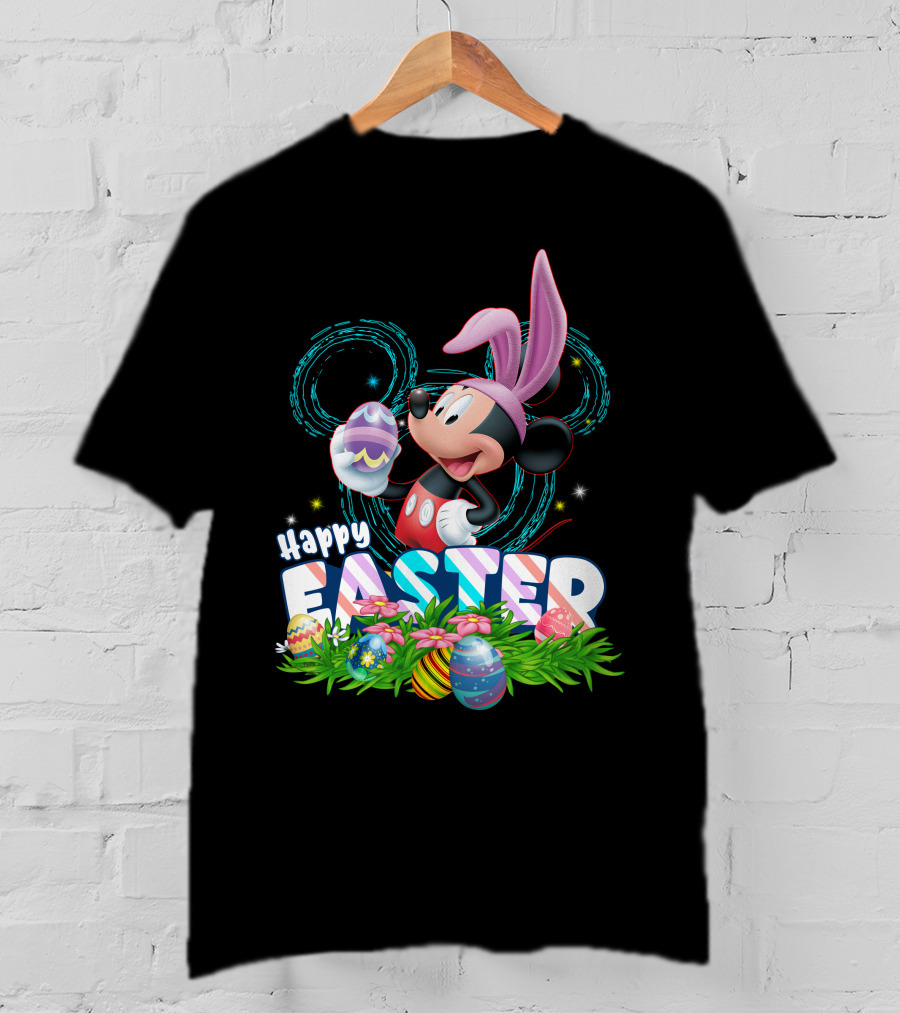 MK Happy Easter Mickey Mouse Bunny Ears Holding Colorful Easter Eggs In Grass T-Shirt