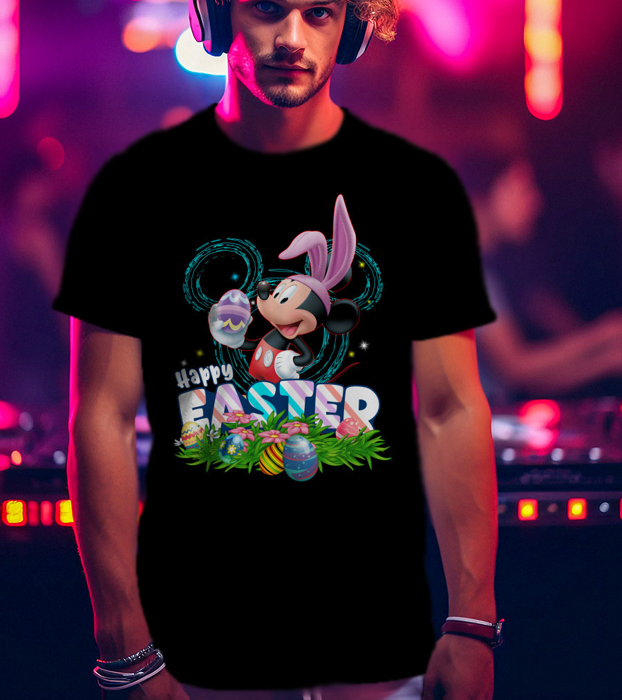 MK Happy Easter Mickey Mouse Bunny Ears Holding Colorful Easter Eggs In Grass T-Shirt