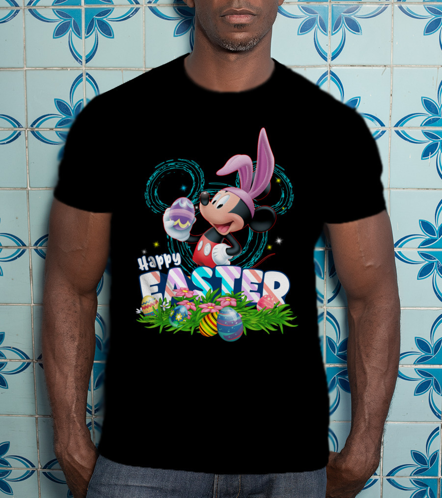 MK Happy Easter Mickey Mouse Bunny Ears Holding Colorful Easter Eggs In Grass T-Shirt