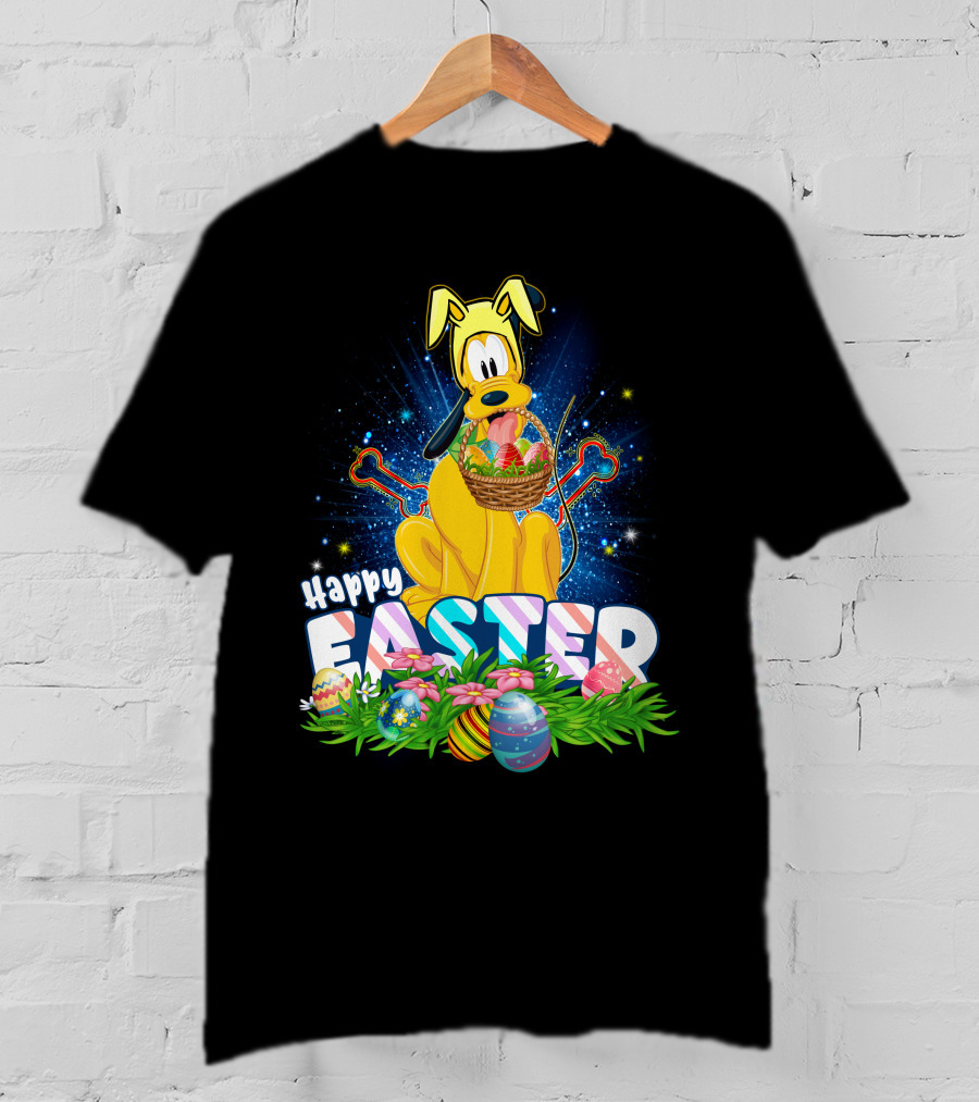 Pluto Happy Easter Basket With Eggs And Flowers T-Shirt