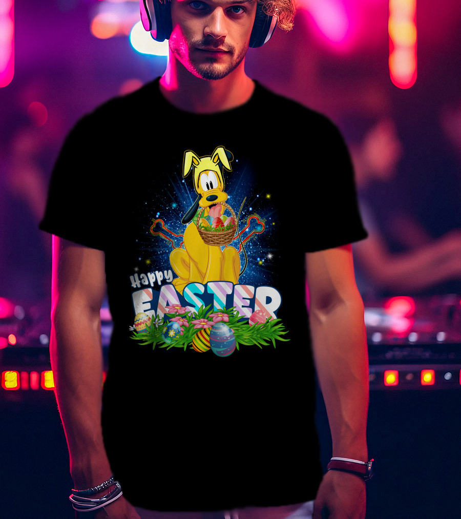 Pluto Happy Easter Basket With Eggs And Flowers T-Shirt