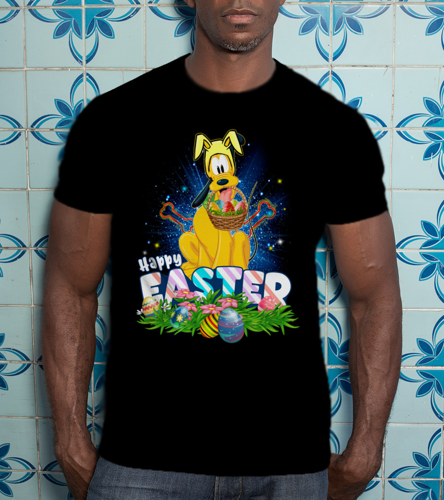 Pluto Happy Easter Basket With Eggs And Flowers T-Shirt