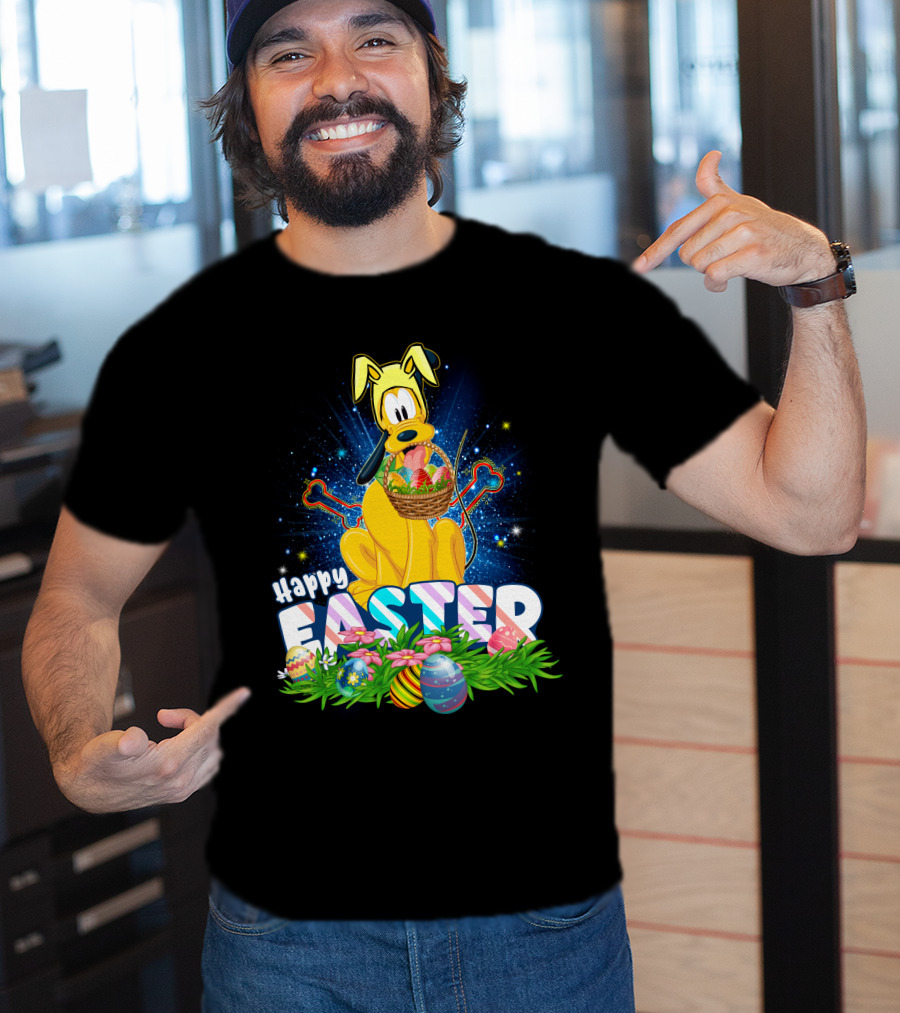 Pluto Happy Easter Basket With Eggs And Flowers T-Shirt