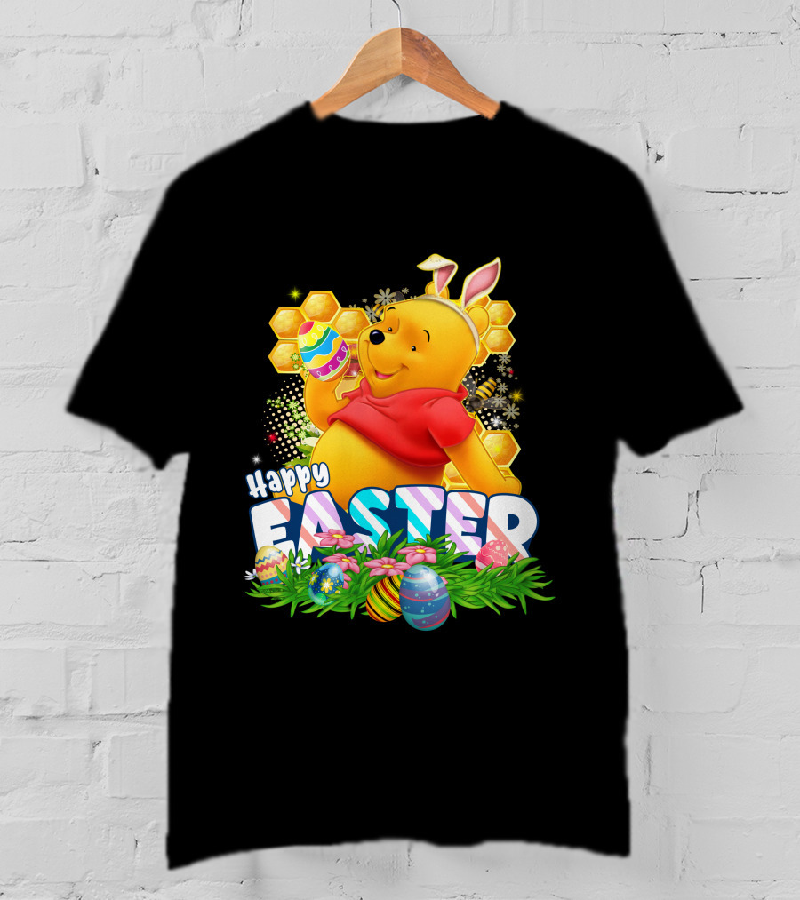 Pooh Happy Easter With Eggs And Honeycomb Background T-Shirt