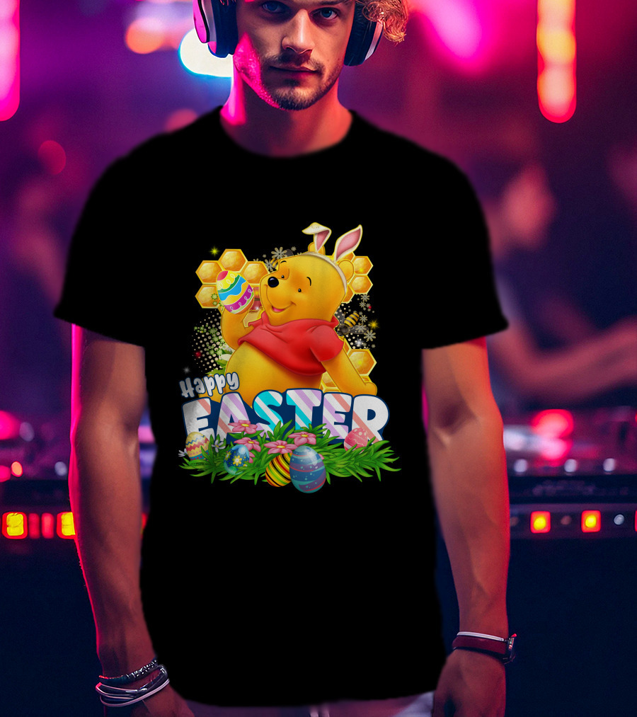 Pooh Happy Easter With Eggs And Honeycomb Background T-Shirt