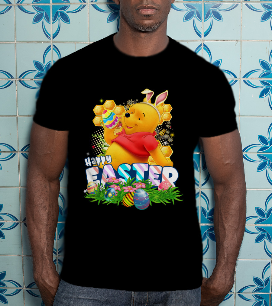 Pooh Happy Easter With Eggs And Honeycomb Background T-Shirt