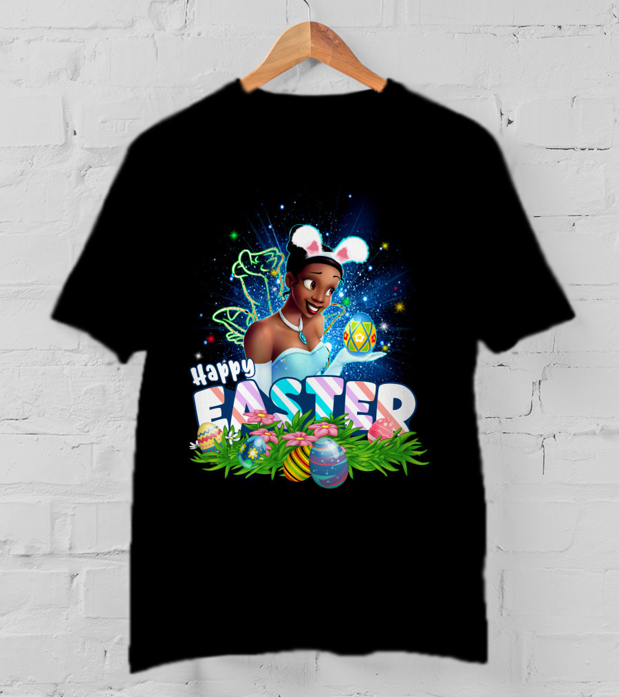 Tiana Happy Easter Bunny Ears Sparkling Eggs And Flowers T-Shirt