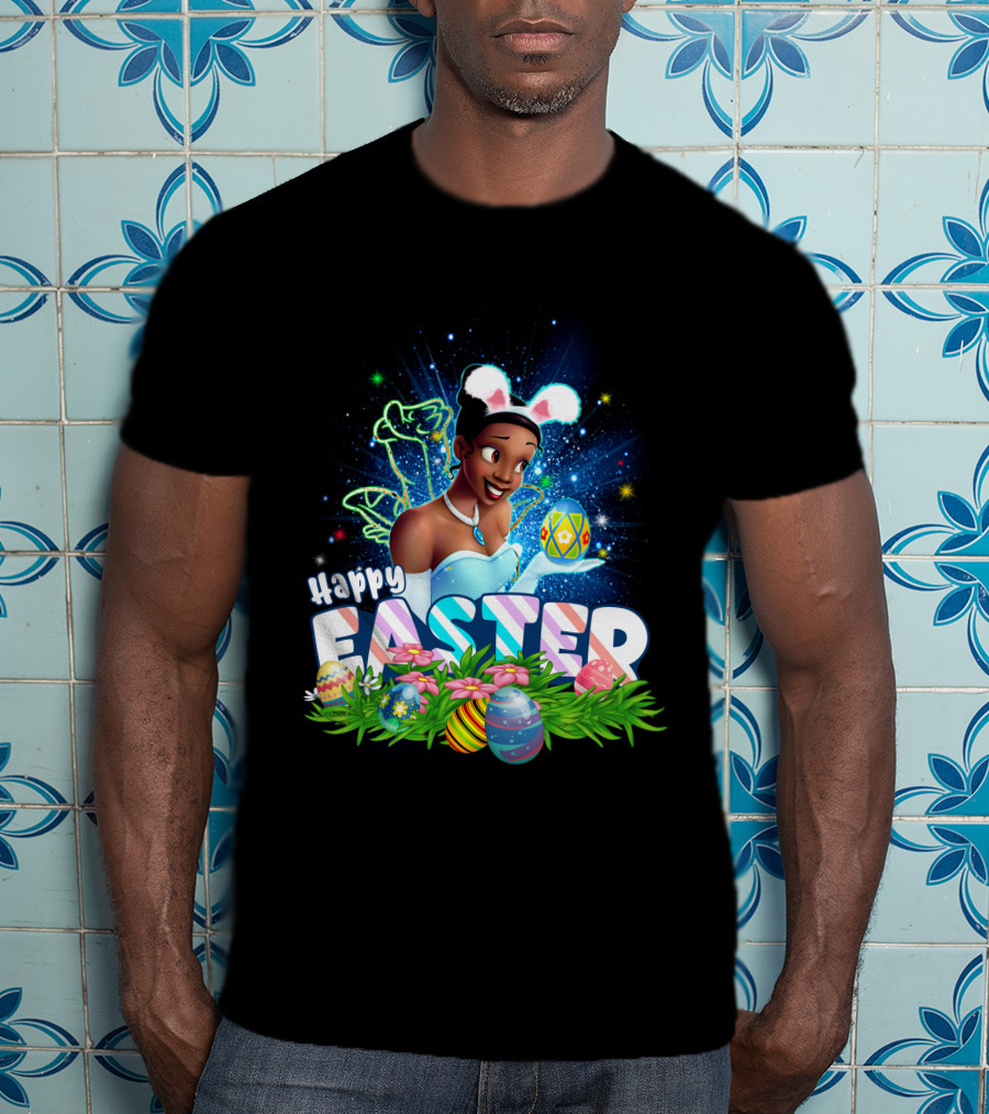 Tiana Happy Easter Bunny Ears Sparkling Eggs And Flowers T-Shirt
