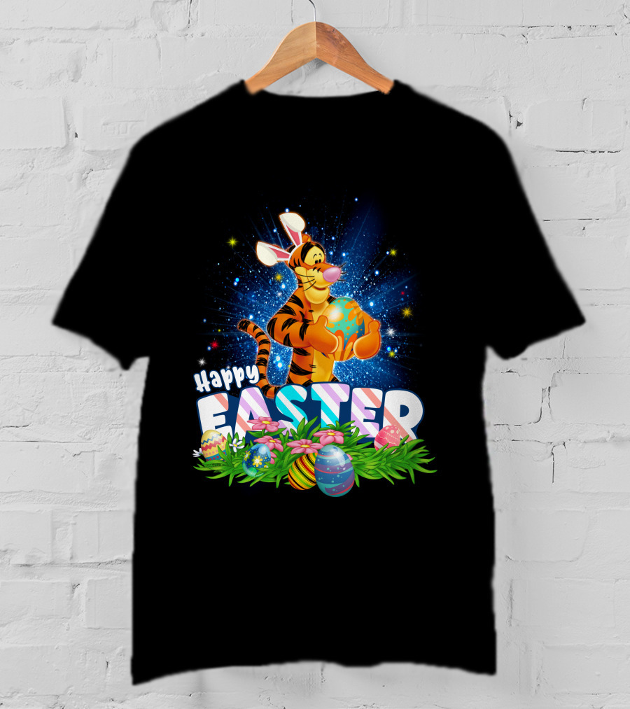 Tigger Happy Easter With Colorful Eggs And Flowers T-Shirt
