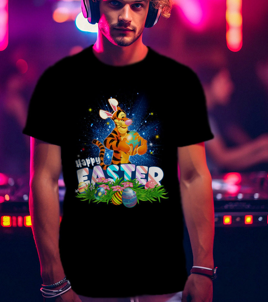 Tigger Happy Easter With Colorful Eggs And Flowers T-Shirt