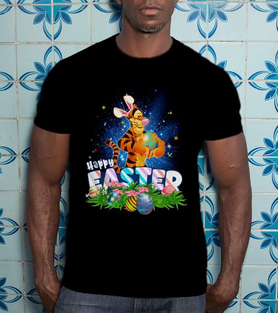 Tigger Happy Easter With Colorful Eggs And Flowers T-Shirt