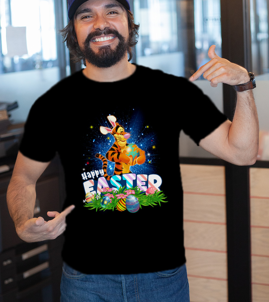 Tigger Happy Easter With Colorful Eggs And Flowers T-Shirt
