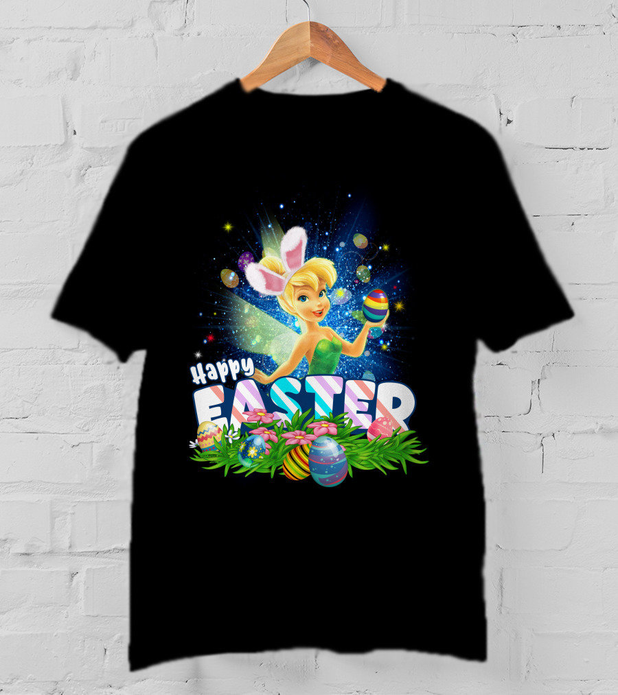 Happy Easter Tinkerbell With Bunny Ears And Colorful Eggs T-Shirt