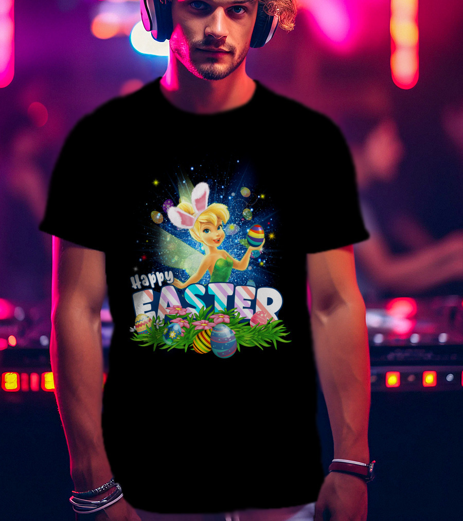 Happy Easter Tinkerbell With Bunny Ears And Colorful Eggs T-Shirt