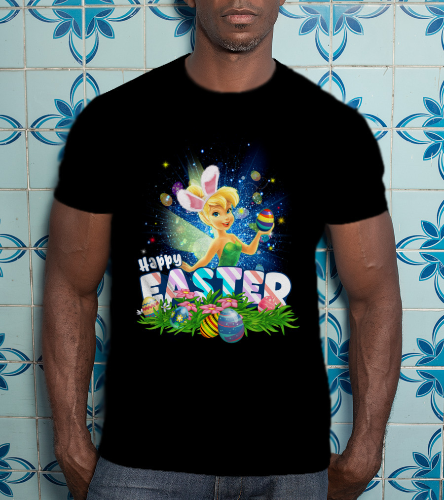 Happy Easter Tinkerbell With Bunny Ears And Colorful Eggs T-Shirt