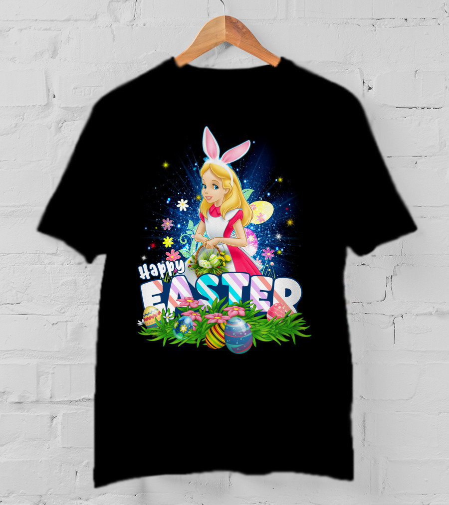 Alice Happy Easter Bunny Ears With Colorful Eggs And Flowers T-Shirt