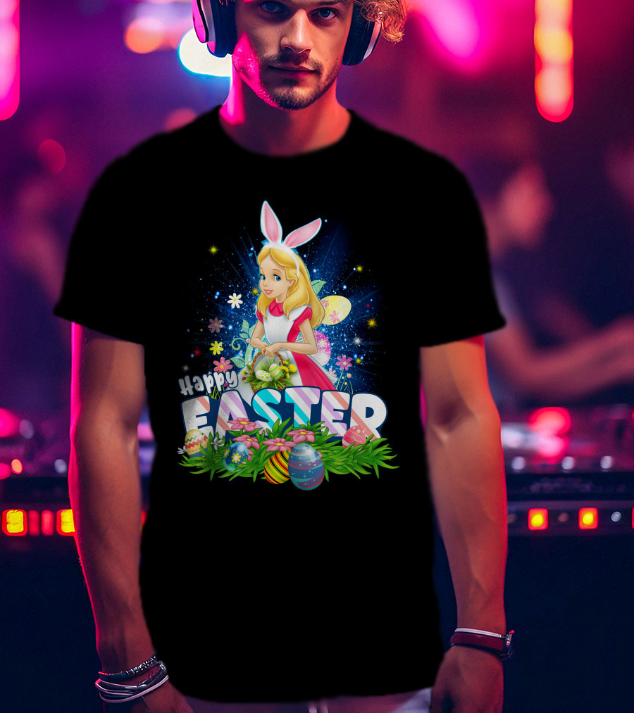 Alice Happy Easter Bunny Ears With Colorful Eggs And Flowers T-Shirt