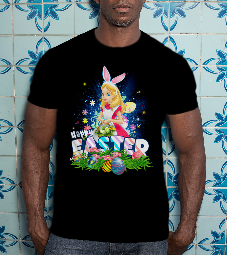 Alice Happy Easter Bunny Ears With Colorful Eggs And Flowers T-Shirt
