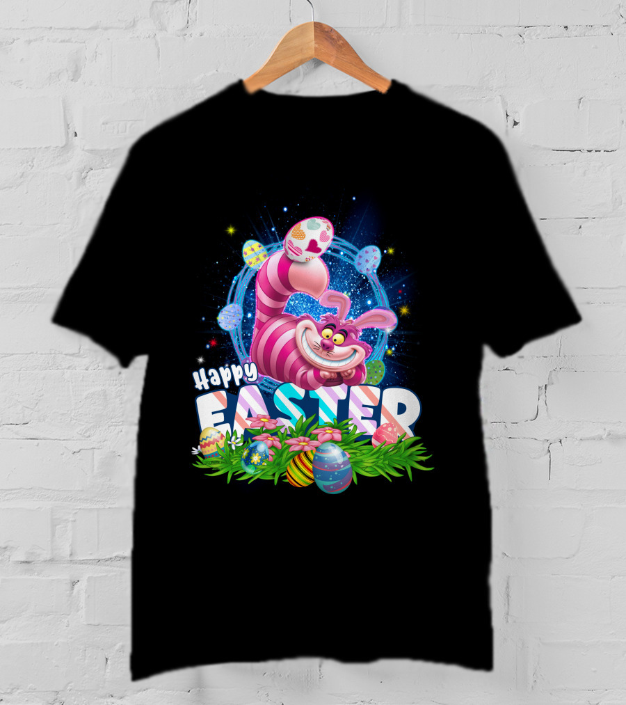 Cheshire Cat Happy Easter Eggs And Flowers T-Shirt