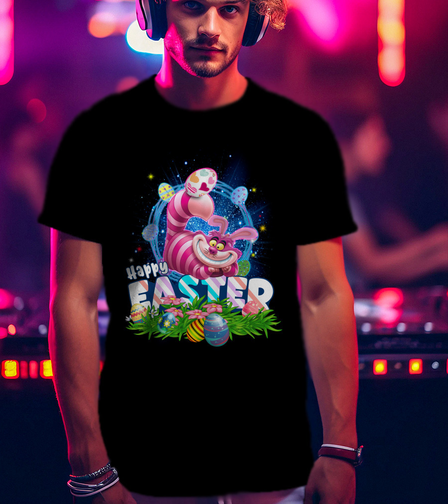 Cheshire Cat Happy Easter Eggs And Flowers T-Shirt