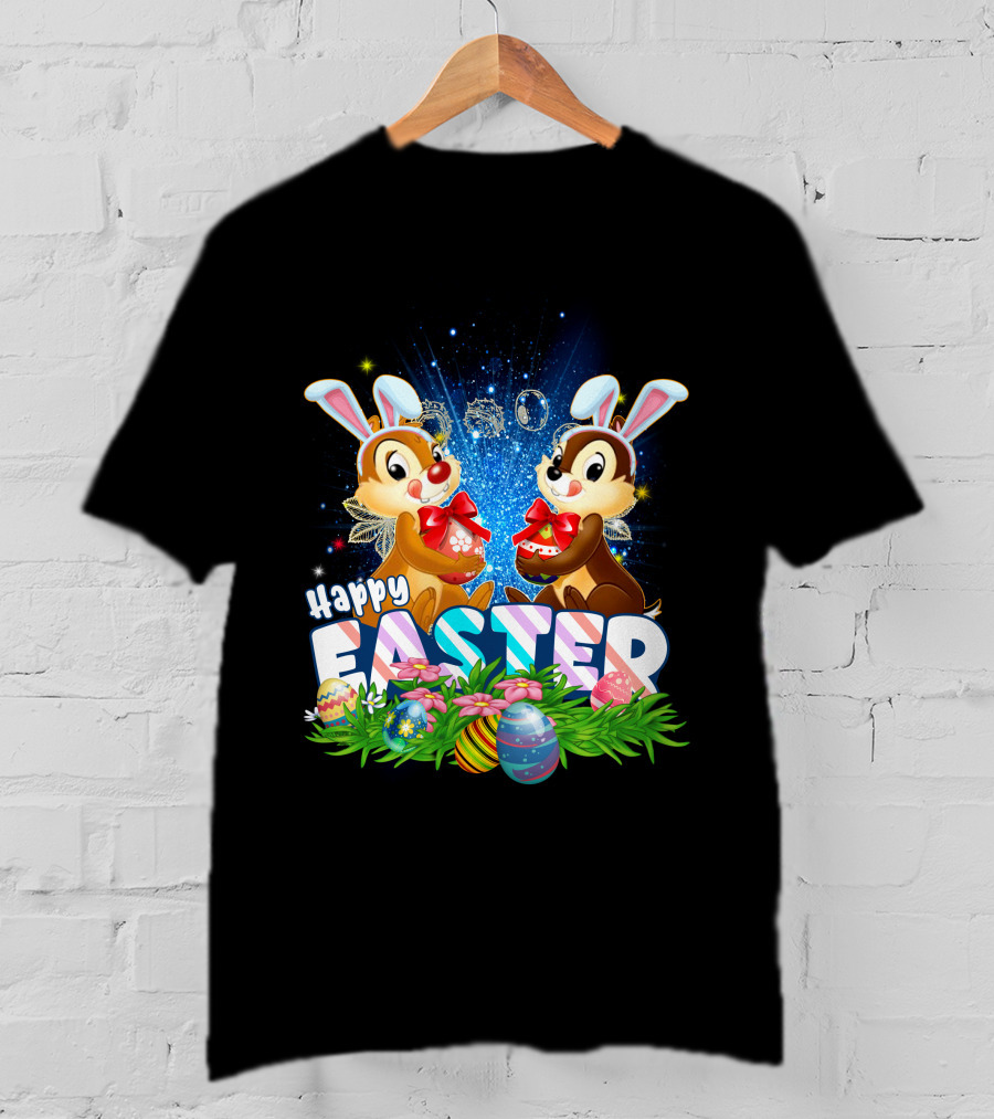 Chip Dale Happy Easter With Bunny Ears And Colorful Eggs T-Shirt