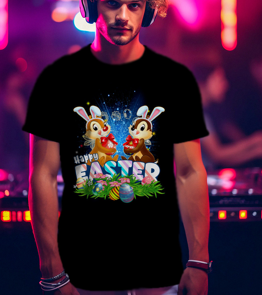 Chip Dale Happy Easter With Bunny Ears And Colorful Eggs T-Shirt