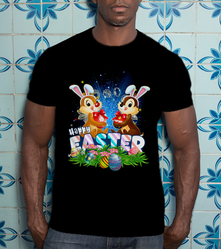 Chip Dale Happy Easter With Bunny Ears And Colorful Eggs T-Shirt
