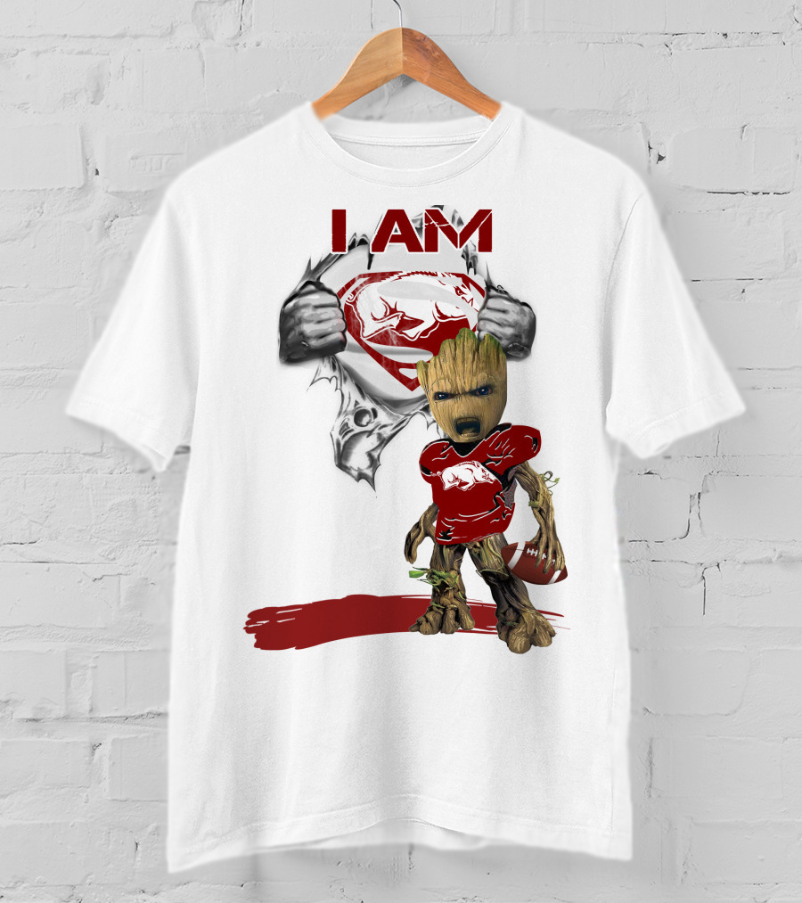 I AM Arkansas Razorbacks Baby Groot Superman T-Shirt