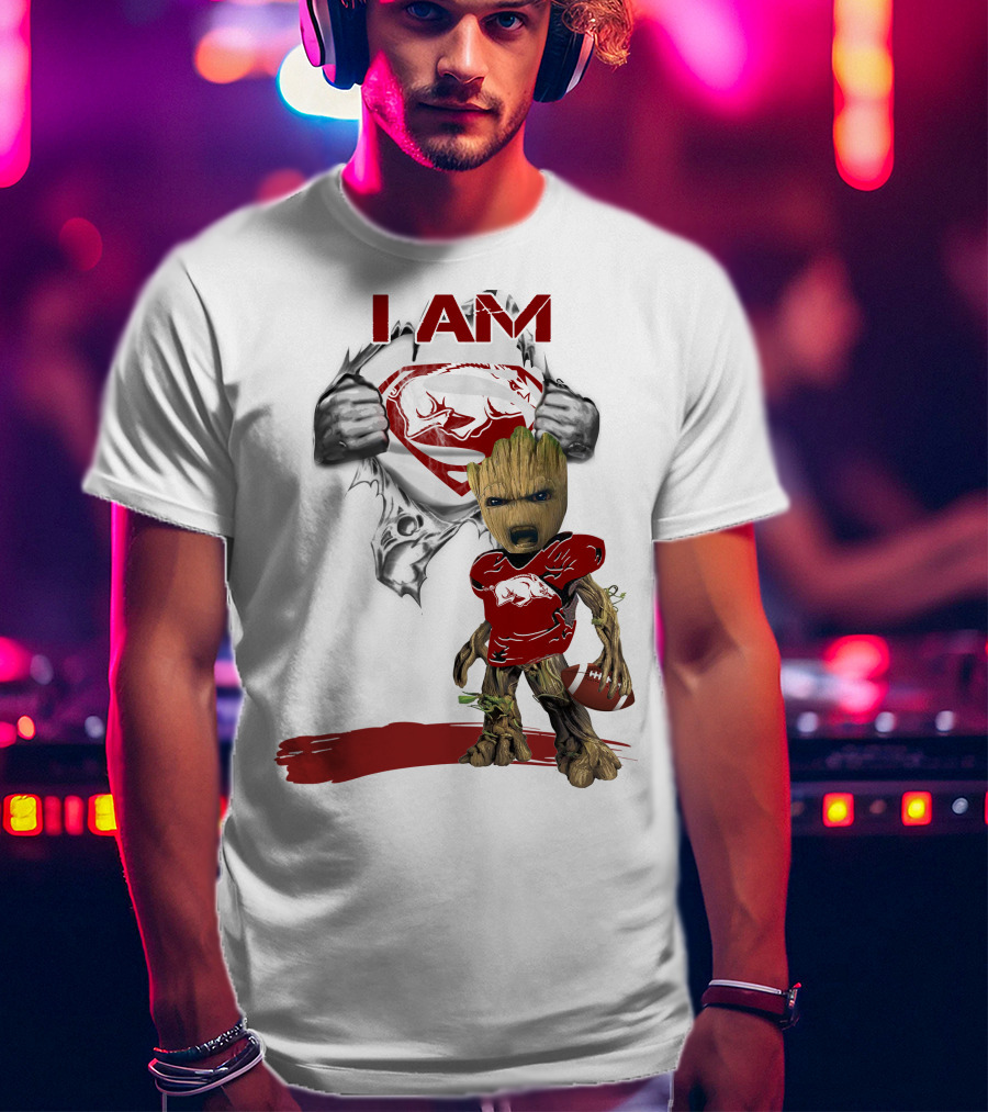 I AM Arkansas Razorbacks Baby Groot Superman T-Shirt