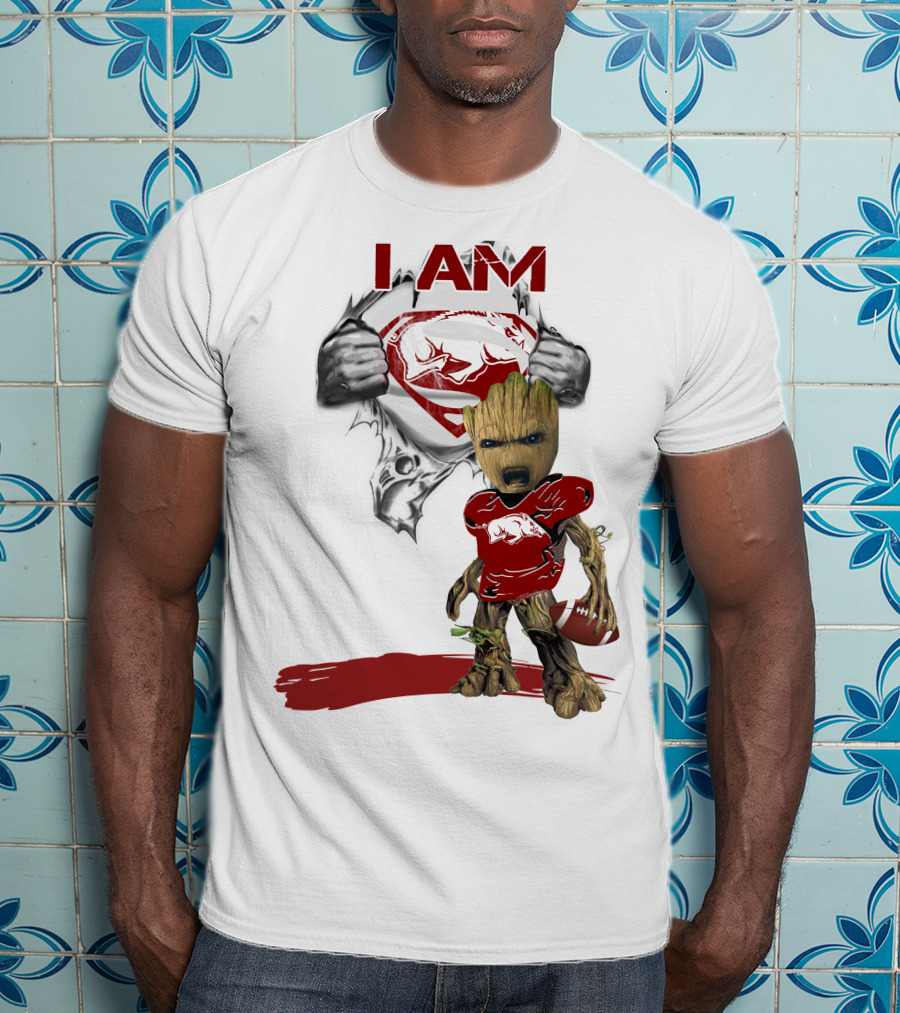 I AM Arkansas Razorbacks Baby Groot Superman T-Shirt