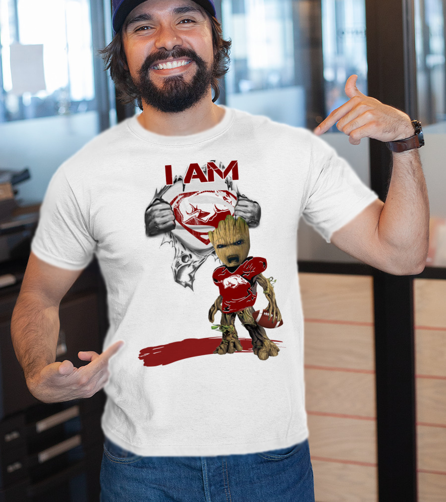 I AM Arkansas Razorbacks Baby Groot Superman T-Shirt