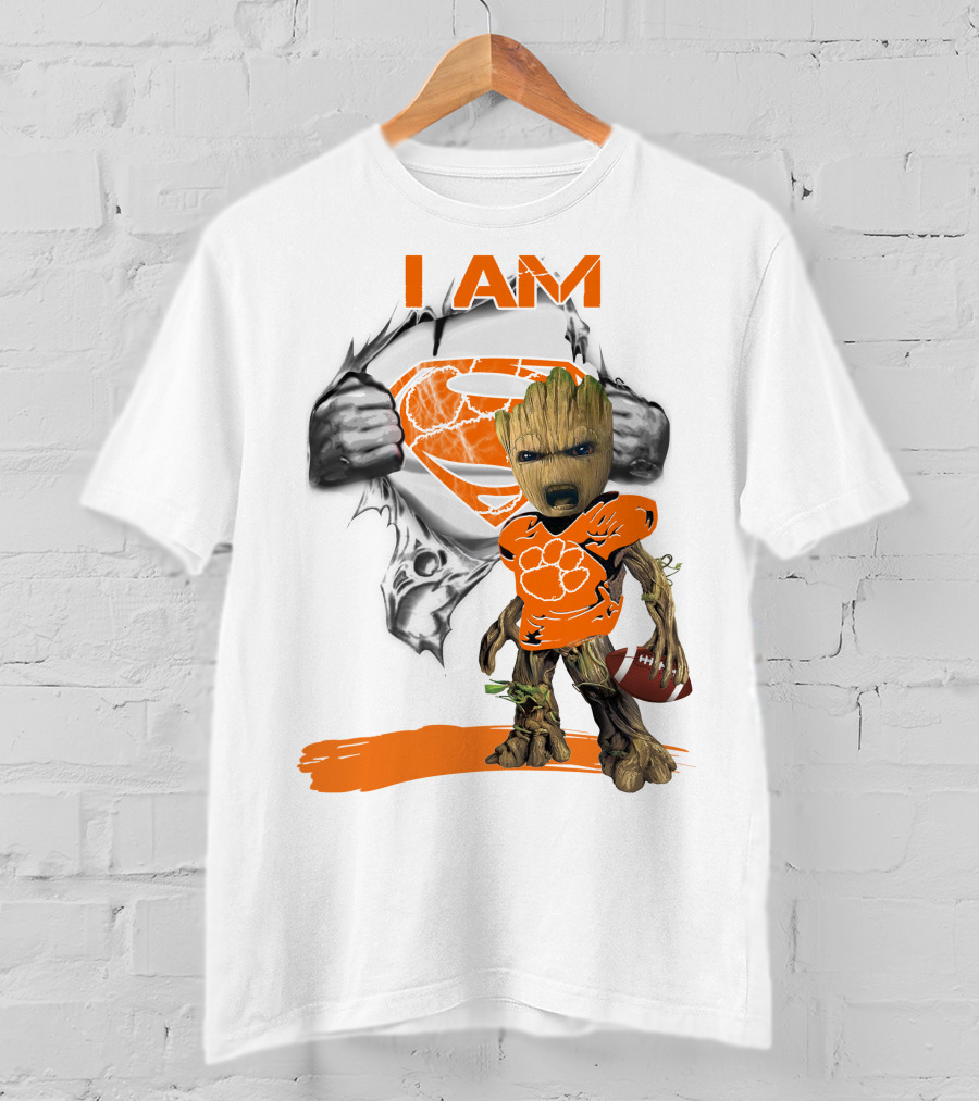 I Am Clemson Baby Groot Superman Football T-Shirt