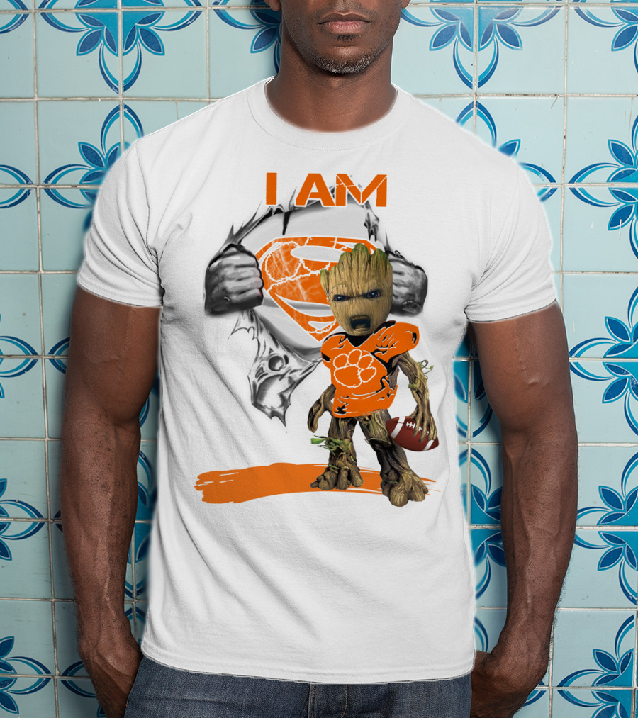 I Am Clemson Baby Groot Superman Football T-Shirt