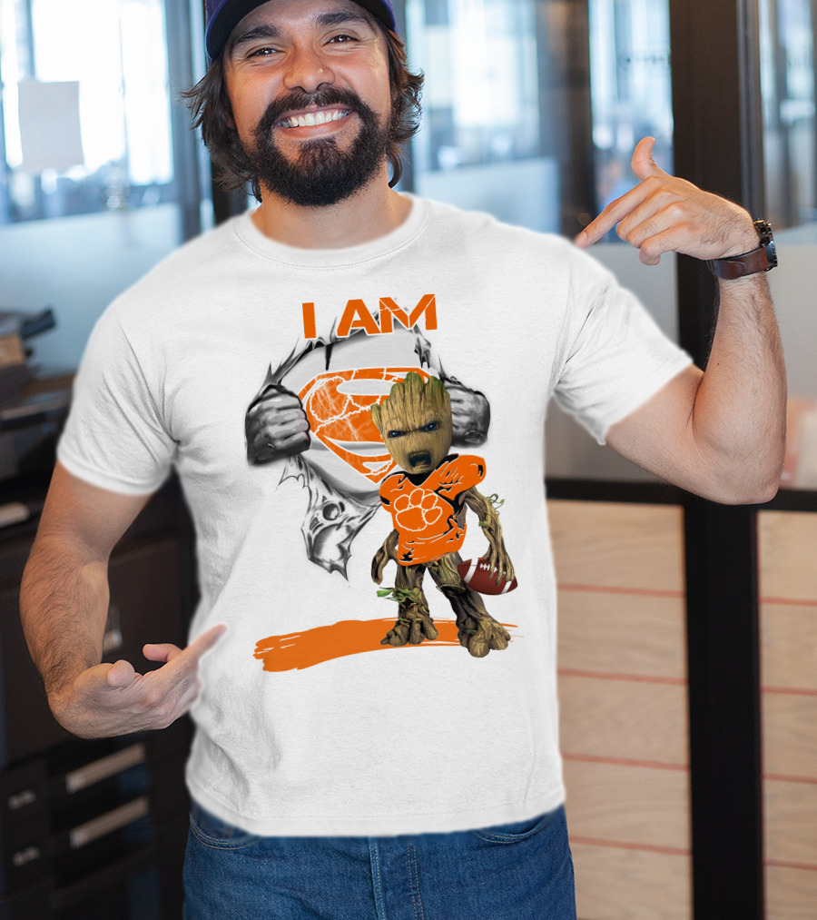 I Am Clemson Baby Groot Superman Football T-Shirt