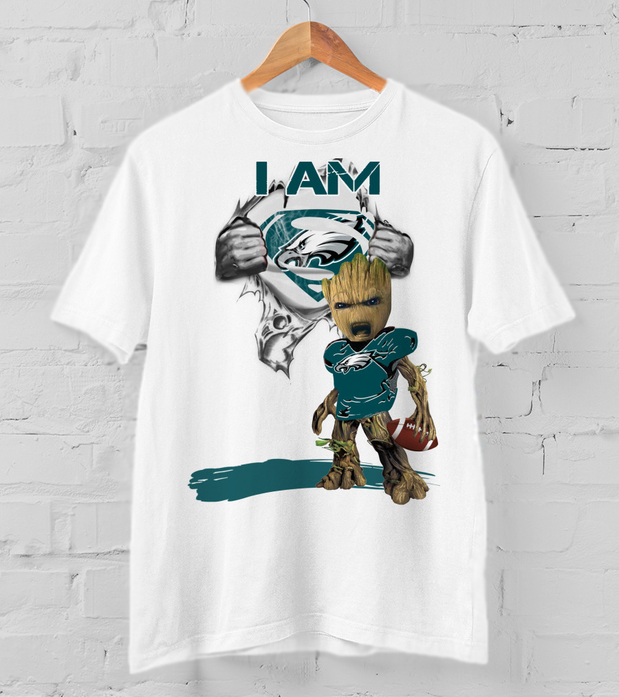 I Am Eagles Baby Groot Superman Football Fan T-Shirt