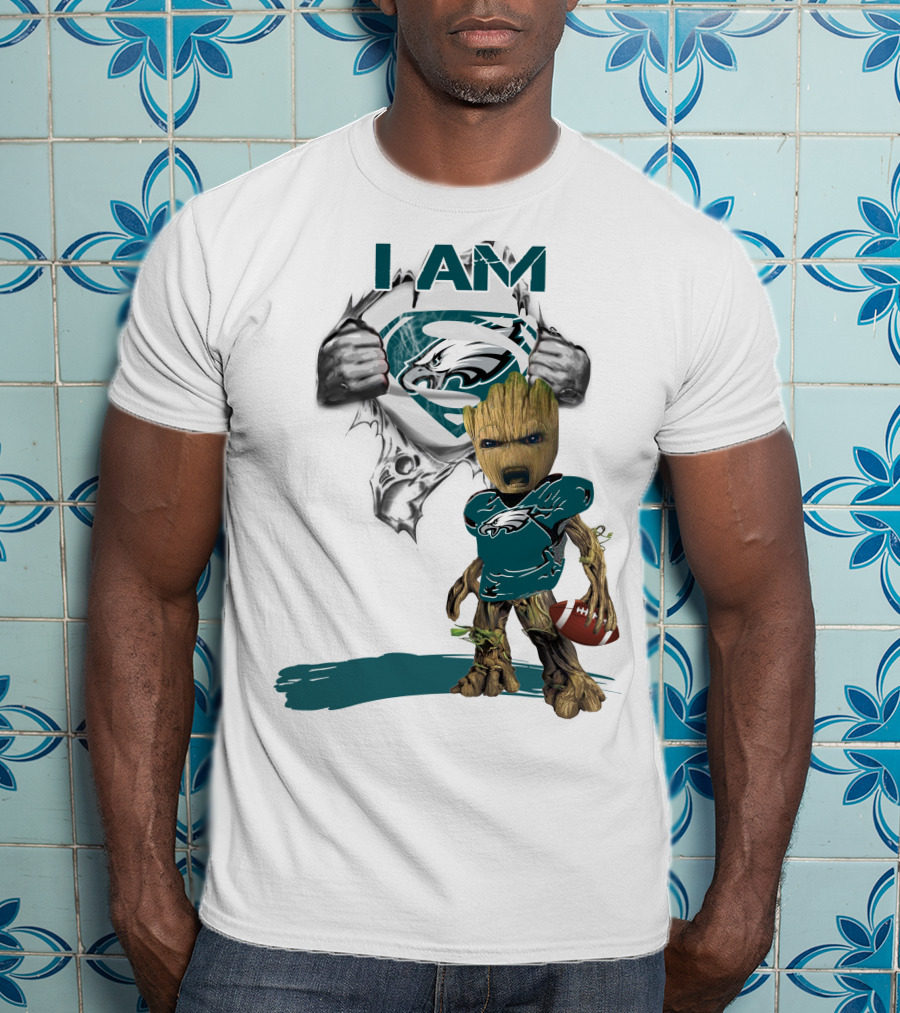 I Am Eagles Baby Groot Superman Football Fan T-Shirt